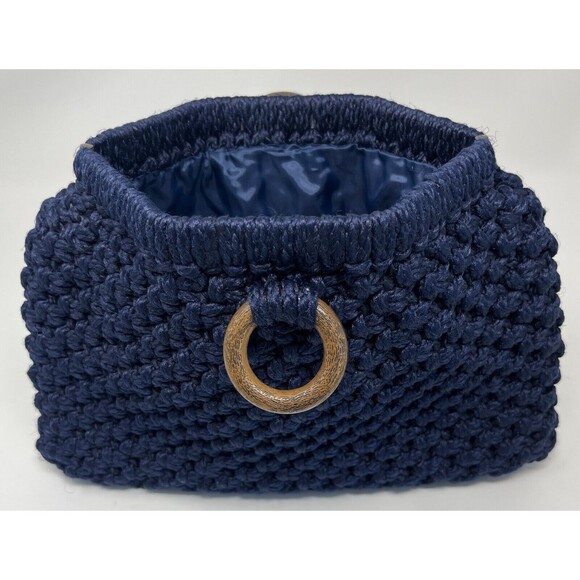 Vintage Boho Crochet Knit‎ Tote Handbag Beach Hobo, Clutch Handbag Navy Blue - Picture 7 of 9